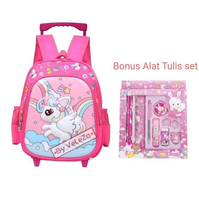 PROMO Tas Ransel Troli Anak Perempuan Karakter Unicorn Bonus Alat Tulis Sekolah TK Tas Dorong Koper 