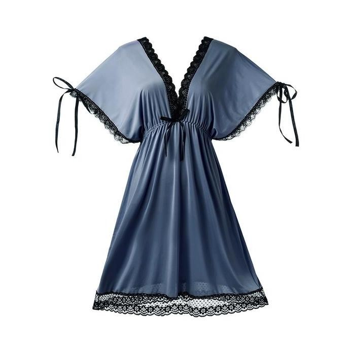 ready stock Big Size Jumbo Daster Baju Tidur Spandex Sutra V-Neck Lingerie Panjang Wanita  Dress Piy