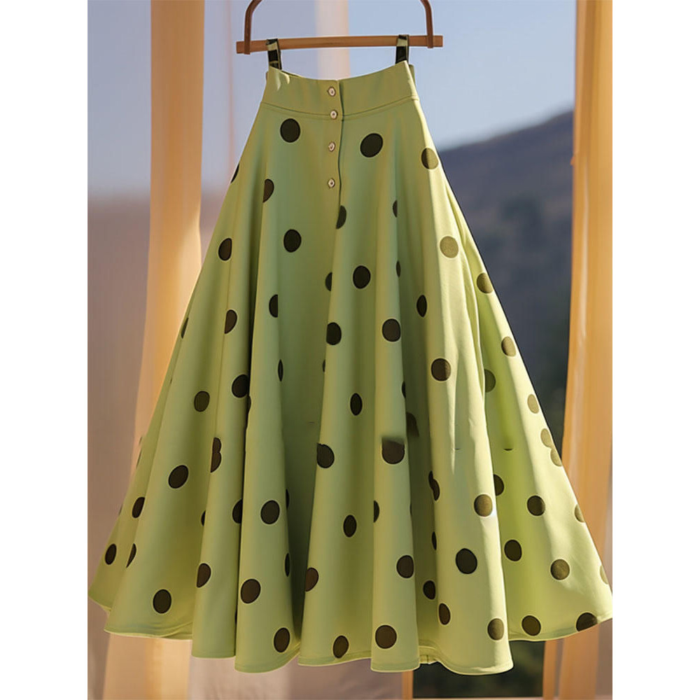 Gaya Prancis Angin Lembut dengan Rasa Kehalusan A Rok Payung Polka Dot Hijau Mint Setengah Rok