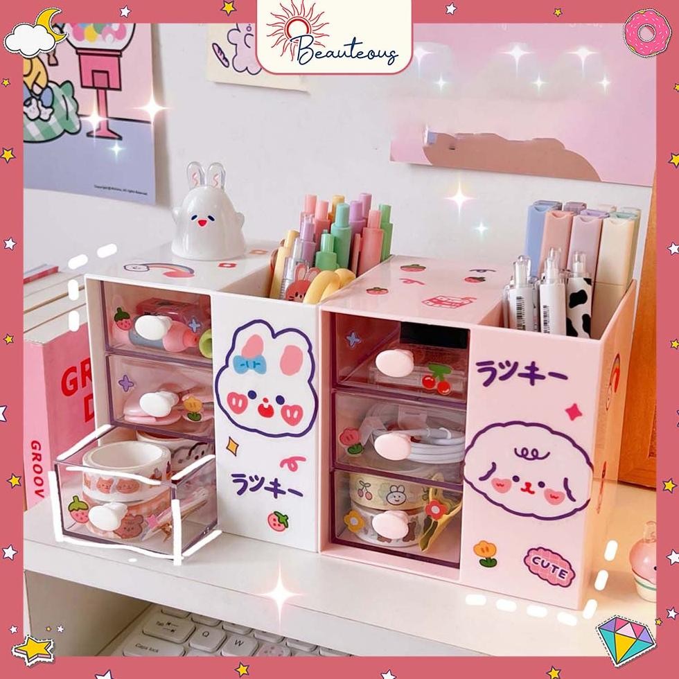 

Kotak Laci Mini Tempat Make Up Storage Tempat Pensil Stackable Mini Serbaguna Free Sticker