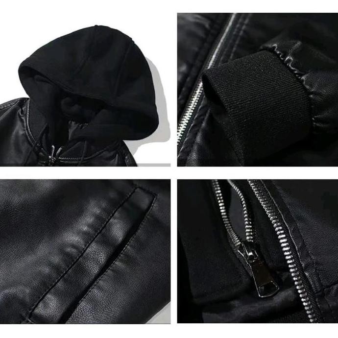 Sale Jaket Semi Kulit Kupluk/Topi Fleece New Fashion Keren || Cowo Cewe Motif Terbaru Keren Hitam Di