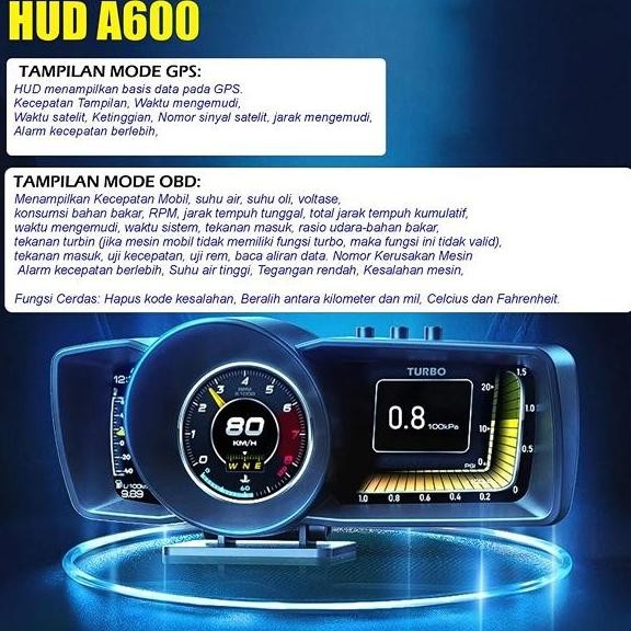 PENGUKUR OTOMATIS A600 HUD GPS + SISTEM OBD, SPEEDOMETER KOMPUTER