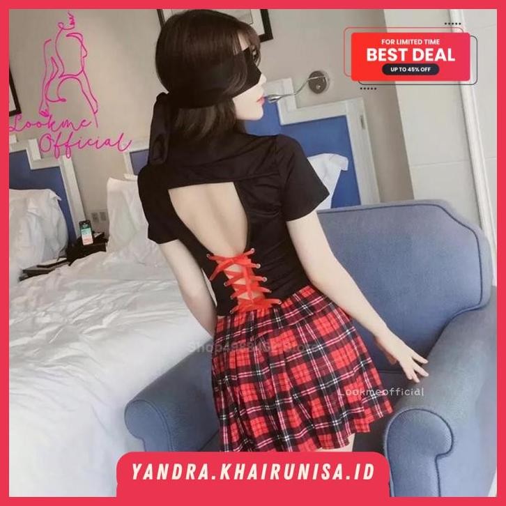 MOCHI SET BAJU + DASI + ROK MINI KOTAK-KOTAK + BACKLESS TOP TALI IKAT BELAKANG KOSTUM SEKERTARIS WAN