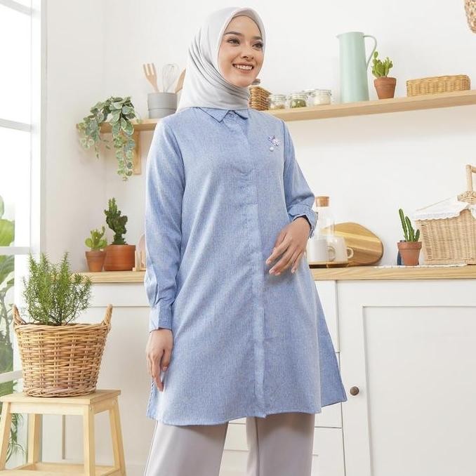 Wulfi Atasan Kemeja Tunik Day To Day Katun Cotton Madinah Misty Blue kantor muslim Nyaman Panjang Ba