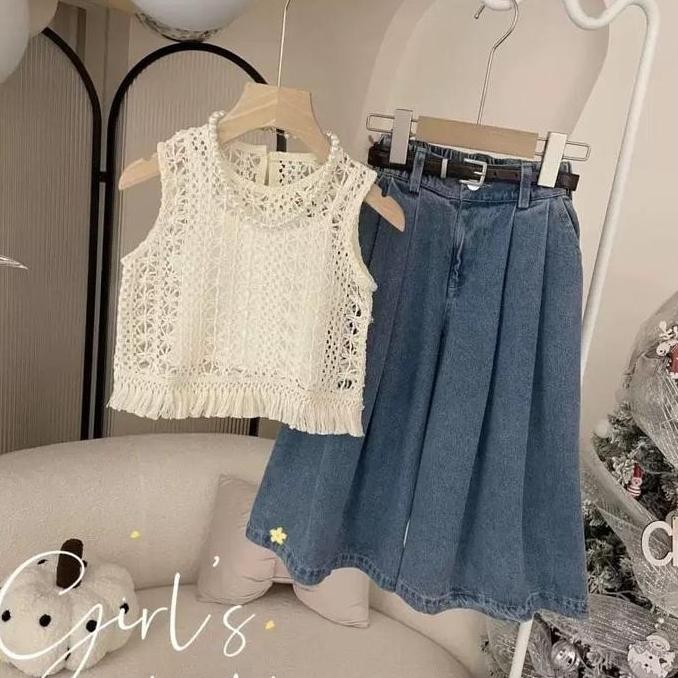 Murah [Kidsfashionkoleksi] 4005 Setelan Costel Vest Crop Brokat 3In1 + Wide Kulot Denim Anak Perempu