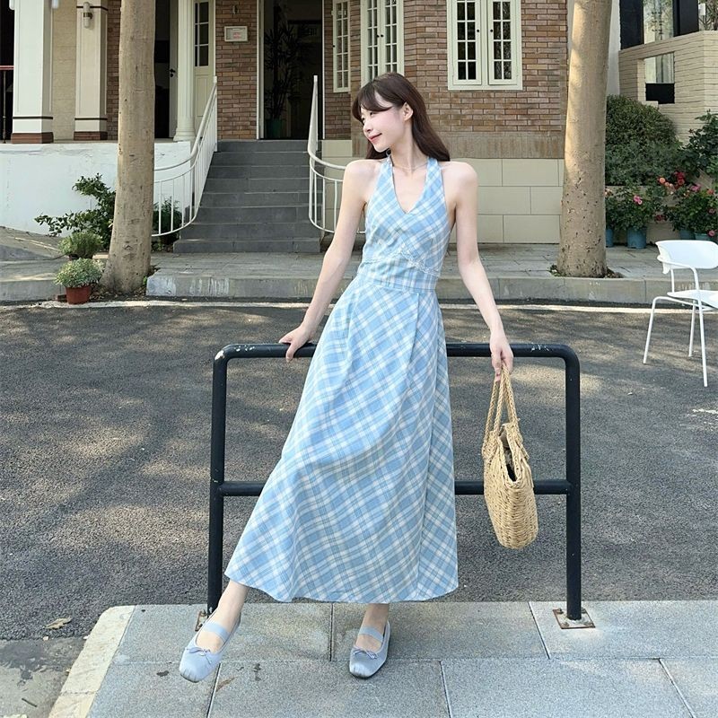 Verve WardrobeGaun Tanpa Lengan Motif Kotak-Kotak Retro Cewek Seksi Desain Pinggang Temperamen Pelan