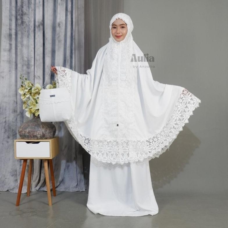 MUKENA PUTIH POLOS SUTRA PREMIUM MEWAH JUMBO BAHAN RAYON POLY LUXURY BROKEN WHITE ALISHA SERIES 2IN1