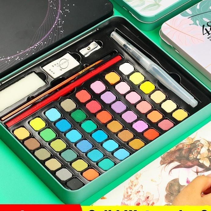 

24H Cod48 Watercolor Set Cat Air Set Bonus Kuas Dan Kertas Gambar Cat Air Padat Solid Watercolor Set 36 48 Warna Cat Air