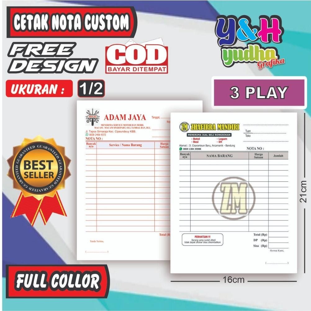 

Nota Costum 1/2 3 Ply (25 set 75lembar) Gratis Desain Bebas Nama Sendiri Y&HYudhagrafika SV9