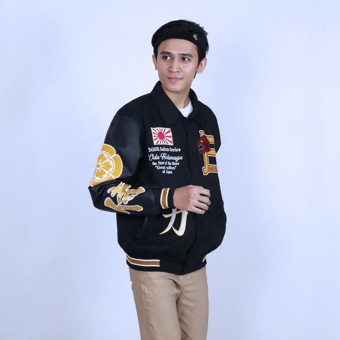 Jaket Varsity Oda Nobunaga Pria Wanita Jacket Vintage Windbreaker Baseball Bordir Tebal Lengan Kulit