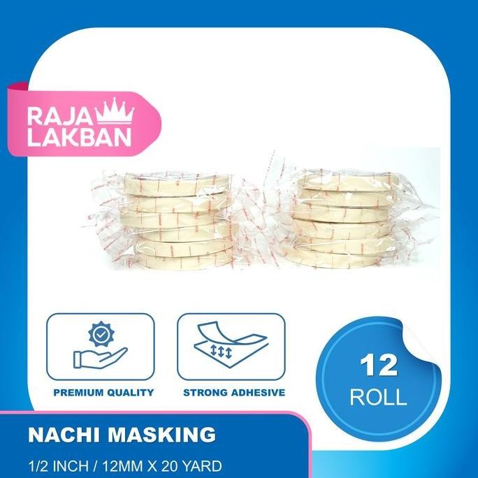 

Lakban Kertas NACHI Masking Tape 0.5 inch/ 12mm, 1 inch/ 24mm, 2 inch/ 48mm X 20 Yard - LUSIN