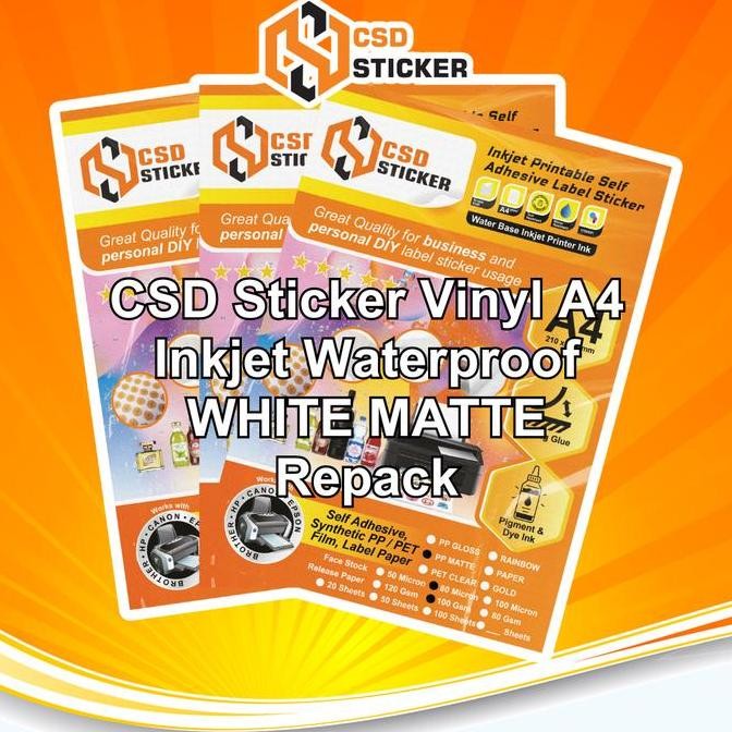

CSD Sticker Vinyl Inkjet A4 Waterproof Synthetic PET/PP Film Traparan/Gloss/Matte Stiker Anti Air Repack 20