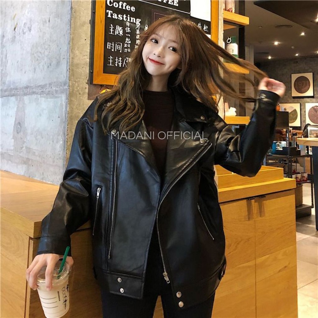 MDN x NYC - Jaket Kulit Oversize Leather Jacket Women Wanita Korean Jumbo Oversized Crop Asli Garut 