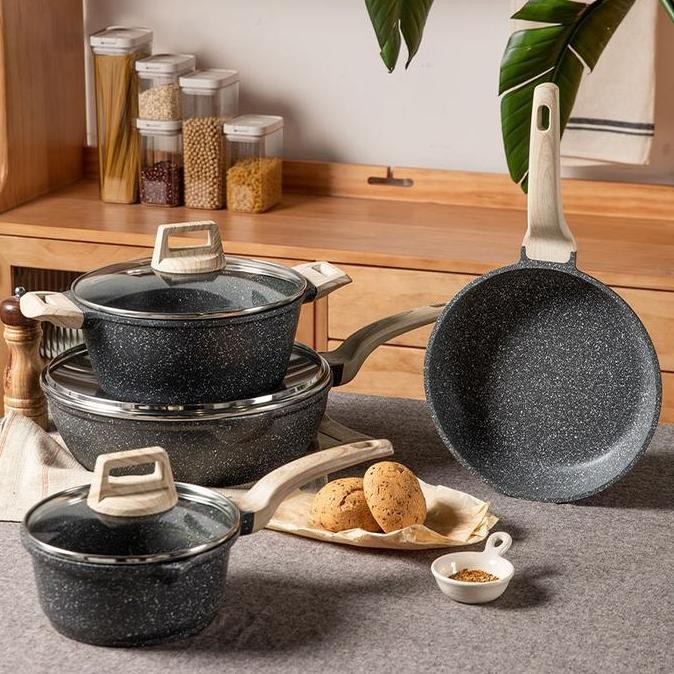 TERMURAH - 7 PCS Carote Set Peralatan Masak Anti Lengket Kuali Batu Granit