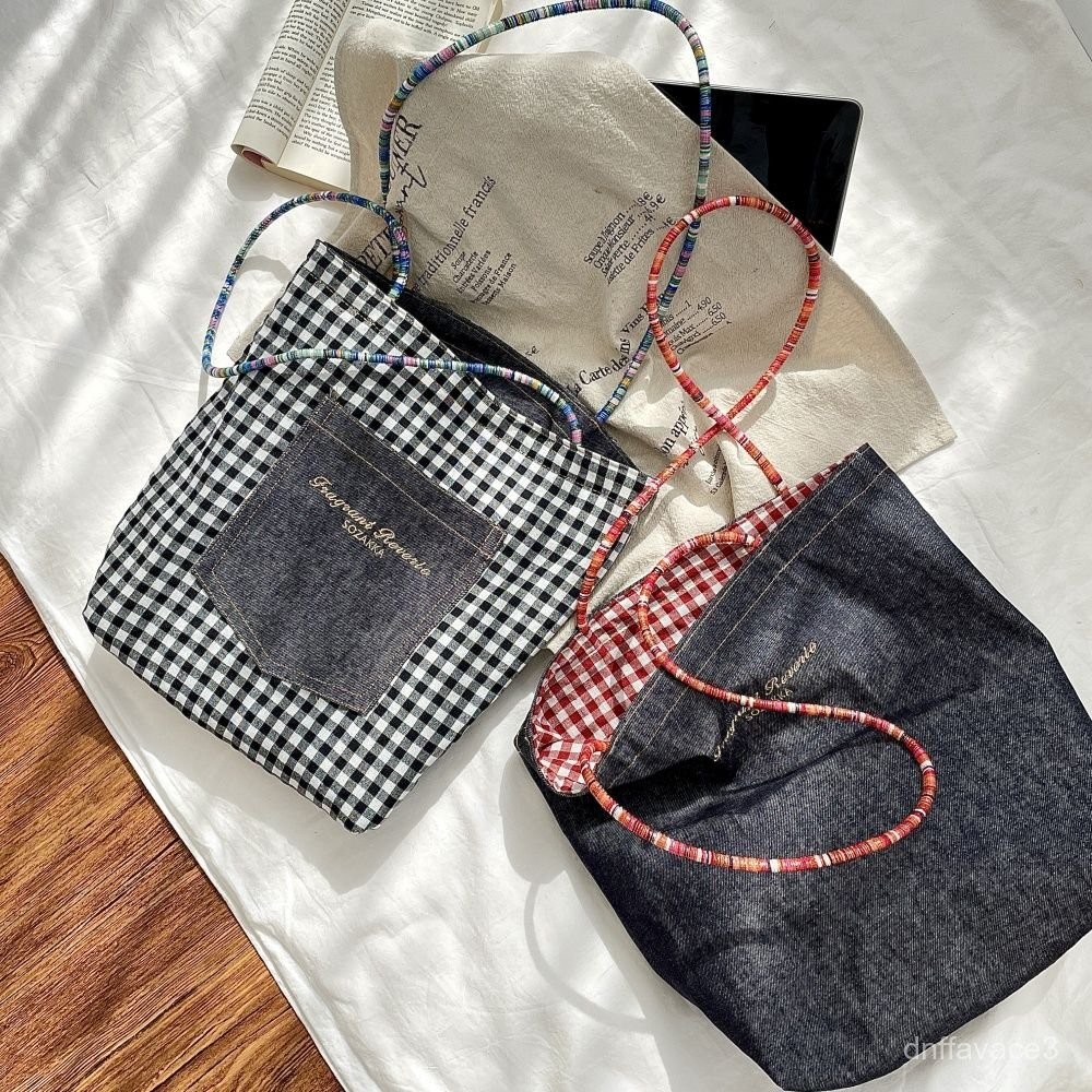Women's  Plaid Patchwork Tote Bag Double-Sided Denim Large Capacity Portable Cloth Bag Shoulder Bag