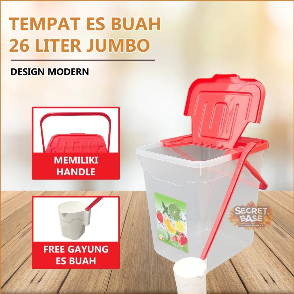 Toples Es Buah 26 L - Wadah Tempat Es Buah Besar Bonus Gayung Panjang Jualan Jus Capcin Juice Coklat