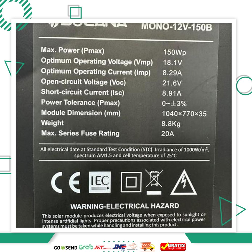Solana Solar Cell/Panel Surya/Solar Panel Monocrystalline 12V 150Wp