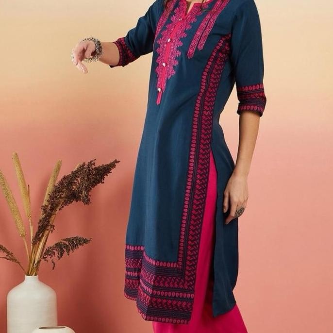 LAQUEENS SANGRIA NAVY PINK BAJU INDIA KURTA KURTI TUNIK DEWASA REMAJA FULL BORDIR MEWAH DRESS WANITA