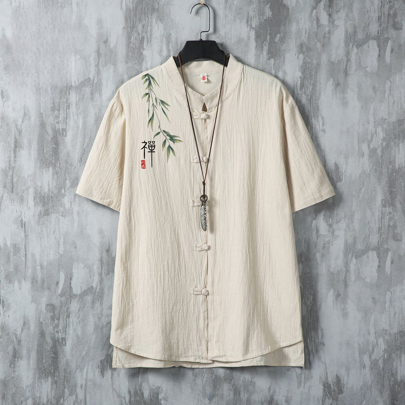 Kemeja Linen Pria Lengan Pendek Cetak Longgar Katun Linen