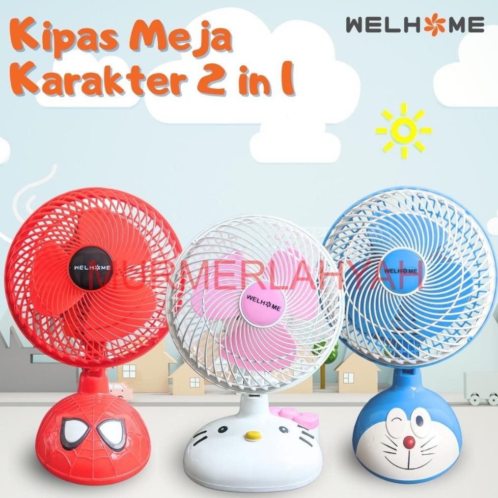 Kipas Angin Karakter 2 in 1 Welhome  / Kipas Karakter Welhome 10inch Meja & Dinding / Kipas Lucu