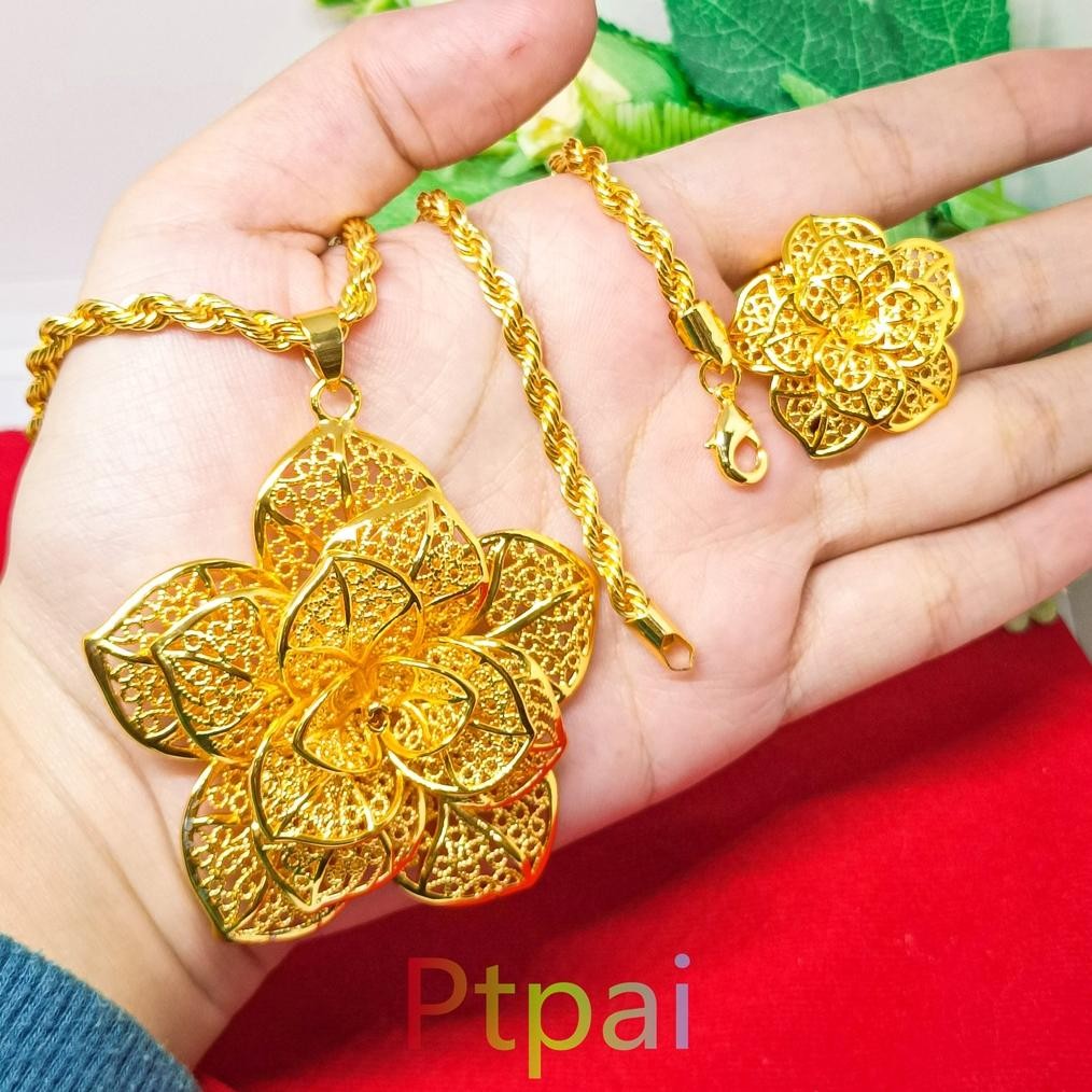 set kendari kalung+Cincin mawar dewasa lapis emas 24k Besar bunga fashion dubai xuping MURAH