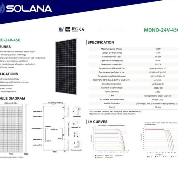 SOLANA SOLAR PANEL MONO 450WP PV MODUL SOLAR CELL 450 WP MONO SILVER