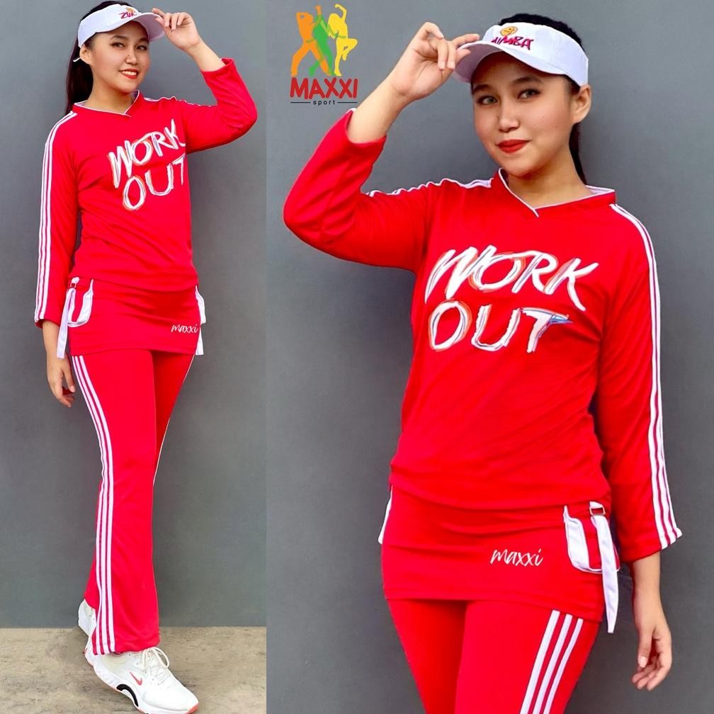 Fue-K5X20 Setelan ReadyBaju Senam Merah Putih Rok Workout Panjang Set Baju Olahraga Setelan Baju Gym