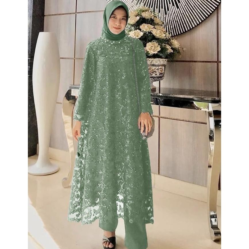 SETELAN ASTERIA Tunik brukat dan Celana L-XXXL 12w cantik mewah wanita Muslim Atasan Mutiara Maxi Ba