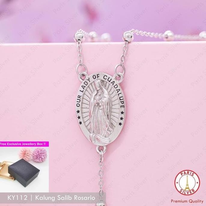 Kalung Salib Rosario Perak Asli Silver 925 Lapis Emas Putih Liontin Bandul Bunda Maria Cewek Cowok L