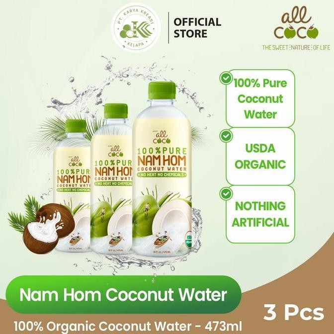 

All Coco Nam Hom Organic Coconut Water Air Kelapa Murni 473Ml - 3 Pcs