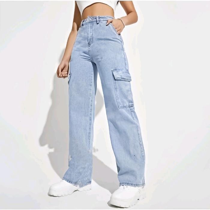 Kulot Cargo Jeans // Celana Cargo Wanita Jeans Panjang Tebal Hitam Cewek Denim Dewasa High Waist