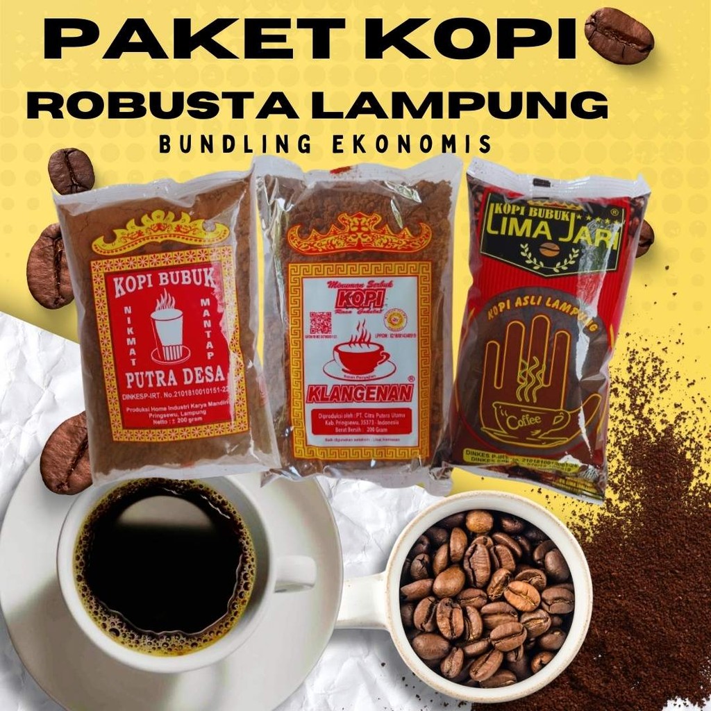 

Paket Bundling Kopi Klangenan, Putra Desa, Lima Jari - Kopi Robusta Lampung 200gr 3 Jenis / Kopi Lampung
