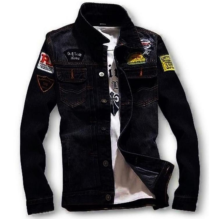 Jaket Jeans Tempel Hitam Pria Wanita Panjang Motif Blazer Casual Formal