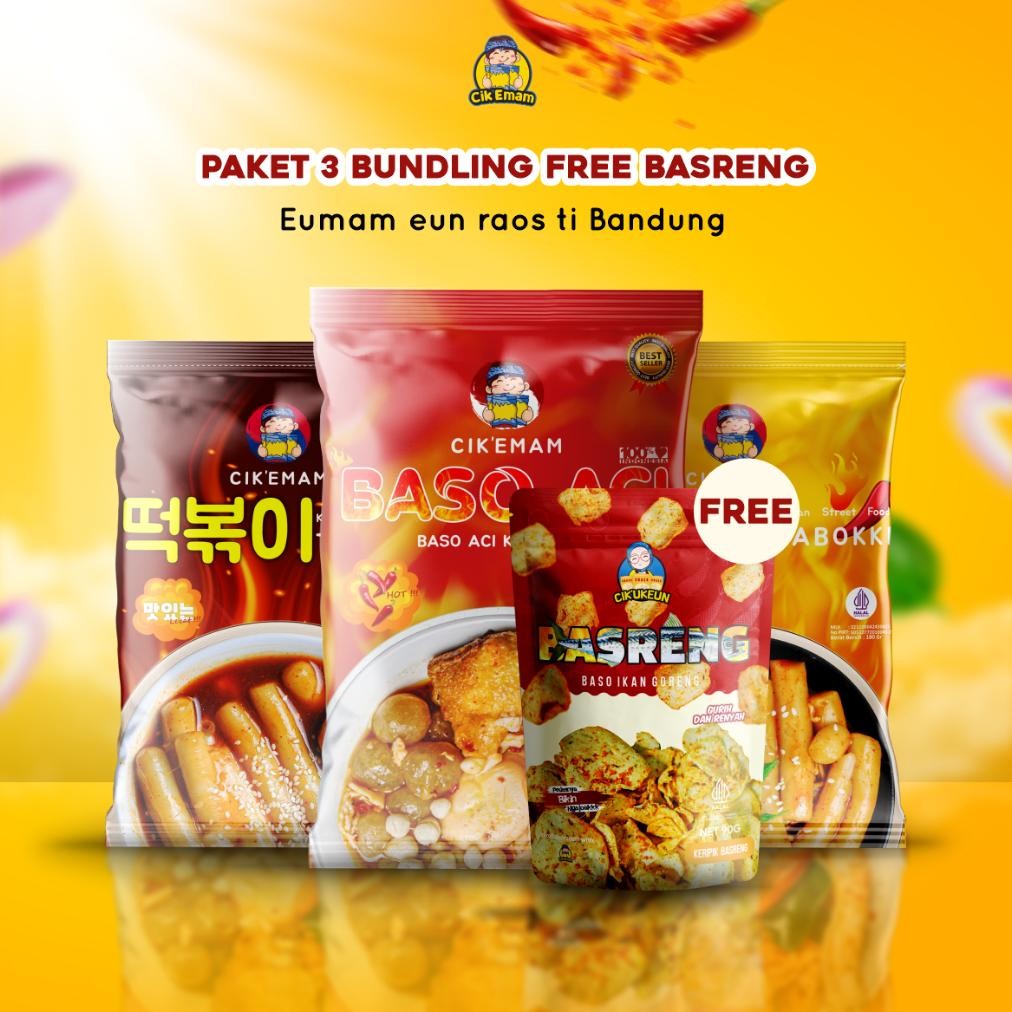 

TERMURAH Cik'Emam - Paket Bundling 3 + Keripik Basreng Cikukeun - Rabokki Topokki Baso Aci Keripik Basreng - Makanan Khas Bandung Siap kirim