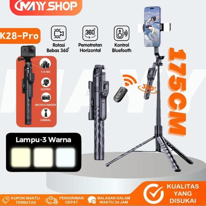 MAYY K28 Pro 175CM Tongsis Tripod Bluetooth Remote Selfie Stick Hand stabilizer Aluminium untuk Hp K