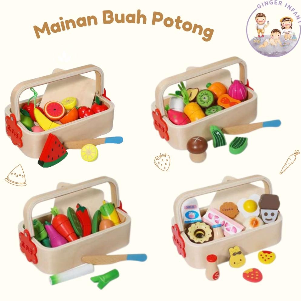 Bisa Cod Gingerinfant Mainan Buah Potong Keranjang Kayu Wooden Basket Fruits Veggies Mainan Buah Pot