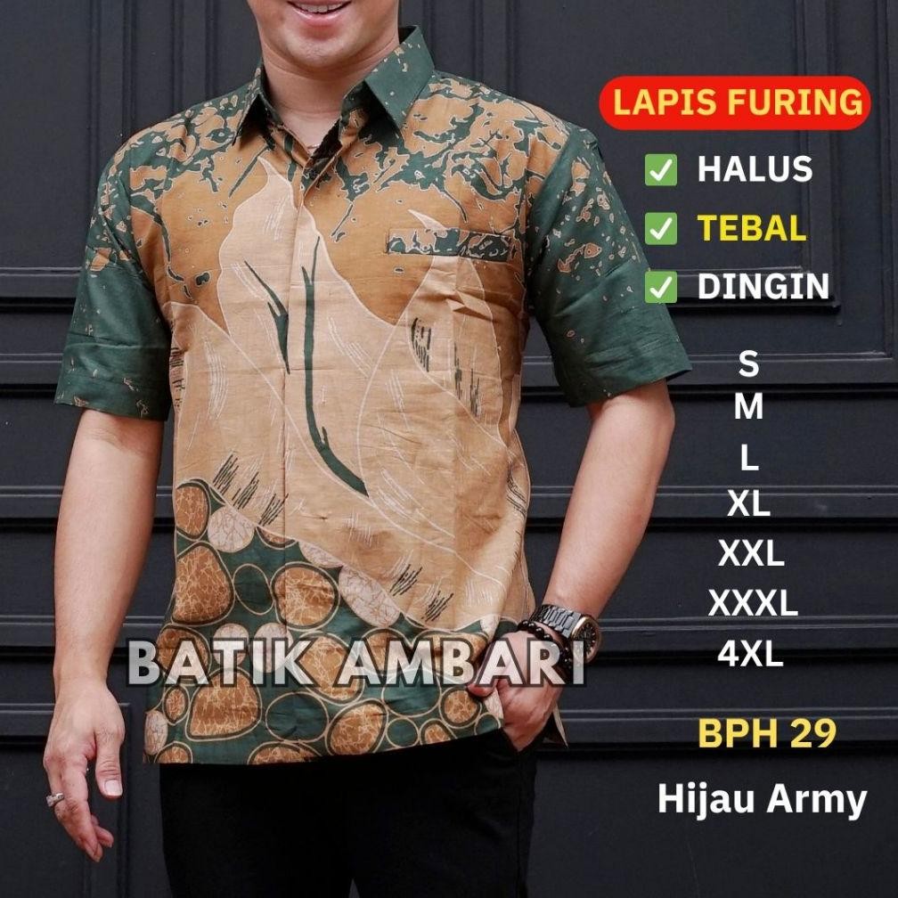 Kemeja Batik Pria Lapis Furing Lengan Pendek Standar Jumbo Xxxl 4Xl Hijau Army Batik Ambari Bph 29
