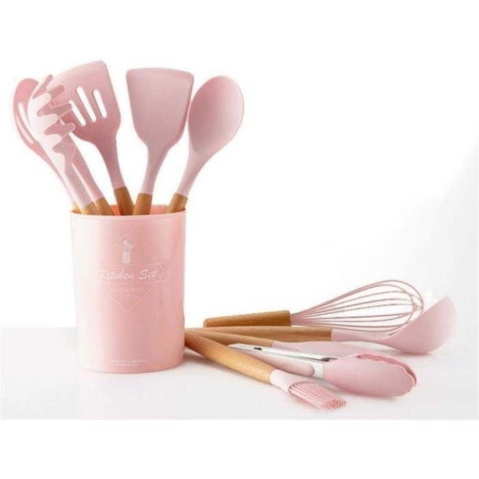 TERBARU Peralatan Masak Silikon Anti Lengket Pegangan Kayu Tahan Panas / Peralatan Masak Silikon /