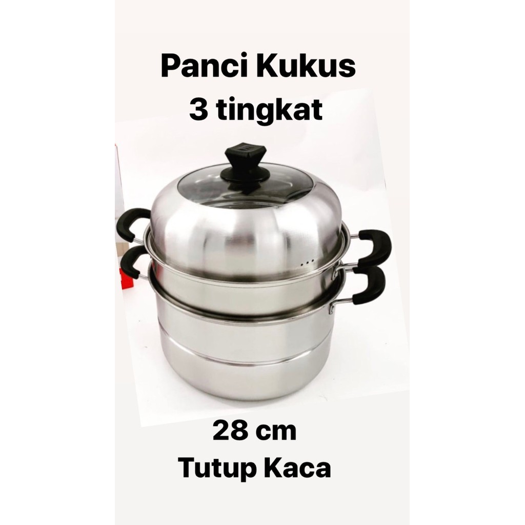 Panci Kukus 3 susun 28 cm TEBAL + Tutup Kaca Kombinasi