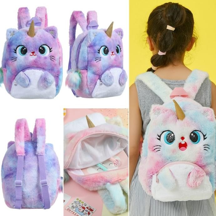 Tas sekolah anak TK PAUD unicorn kitty tas ransel bulu unik kado anak