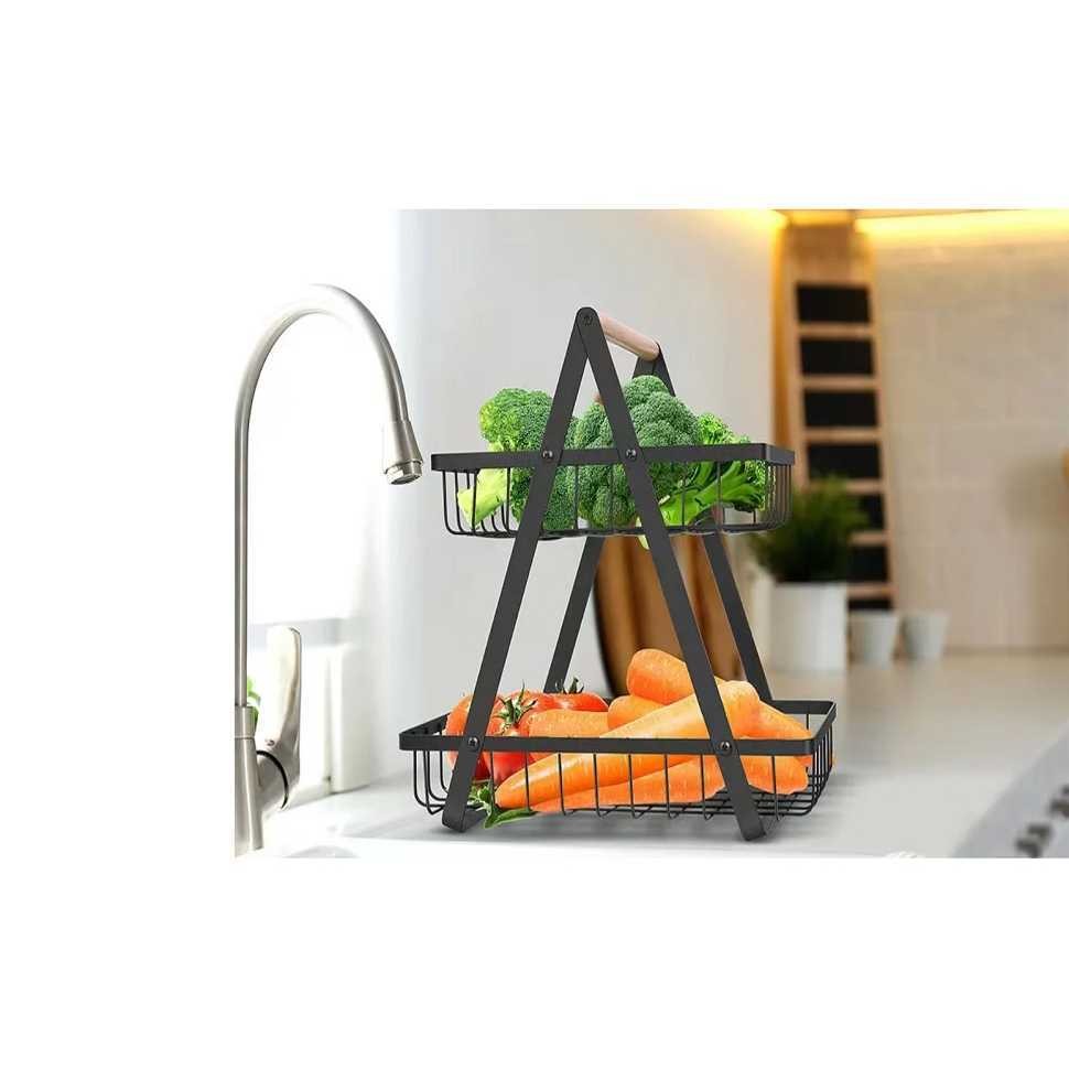 Keranjang Rak Buah dan Roti Meja Susun 2 Tingkat Bahan Besi Minimalis Aesthetic Gagang Kayu Fruit