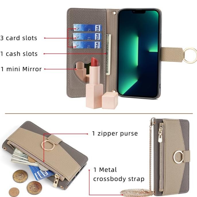 Case Iphone 15 14 13 12 Pro Max Casing Flip Case Dompet+Tali Rantai Original