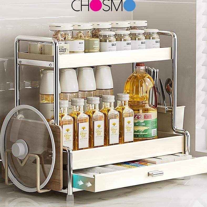 Rak Bumbu Dapur Stainless Steel Rak Bumbu dengan Laci Rak Dapur Serbaguna Rak Botol Bumbu