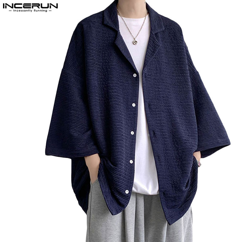 INCERUN Pria Korea Fashion Longgar Sederhana Warna Solid Lengan Tujuh Perempat Kemeja |KybAKqYF|