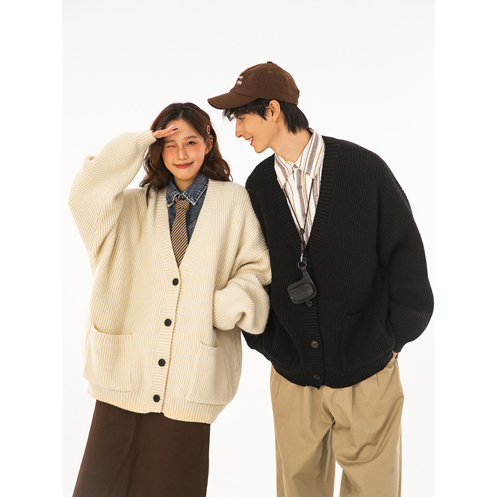 Jaket Kardigan Wol Pria dan Wanita Leher V Longgar Kardigan Wol Rajutan Lengan Panjang Berkualitas T