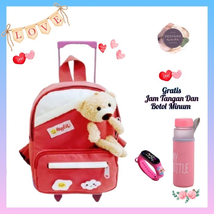 Tas Ransel Troli Anak Tk Paud Beruang Kecil Free Jam & Botol Minum