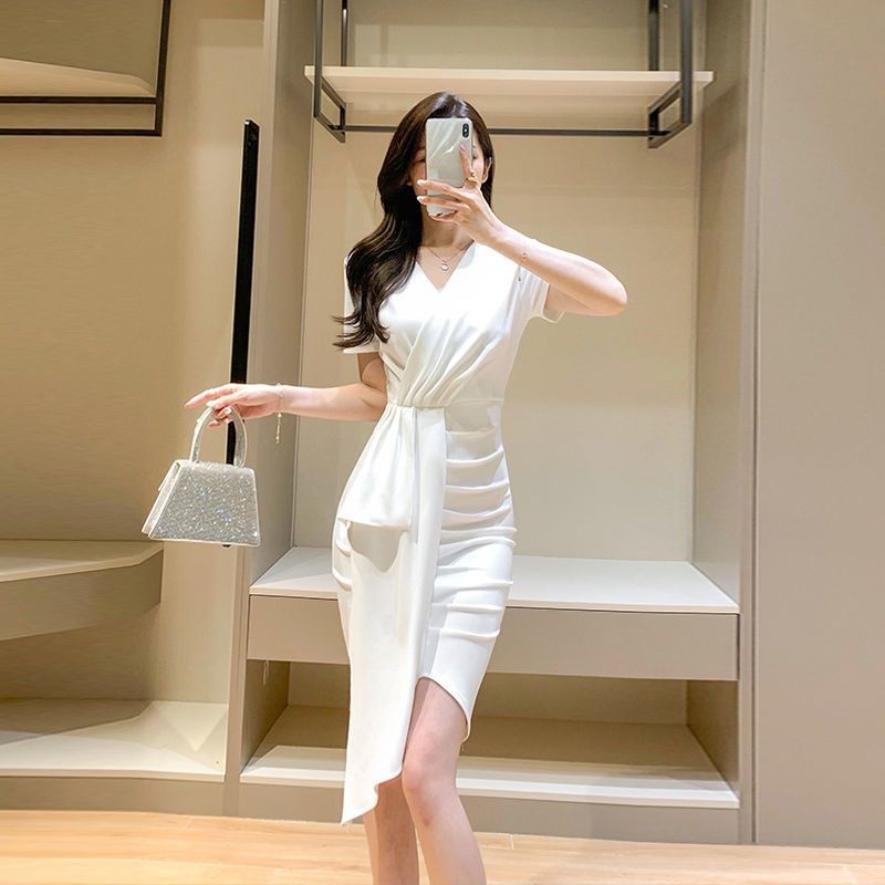 New Temperament V Short Sleeve Slim Fit Flattering Dress