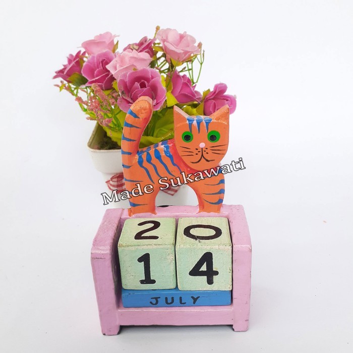 ___] Kalender kayu patung Kucing kerajinan handmade bali