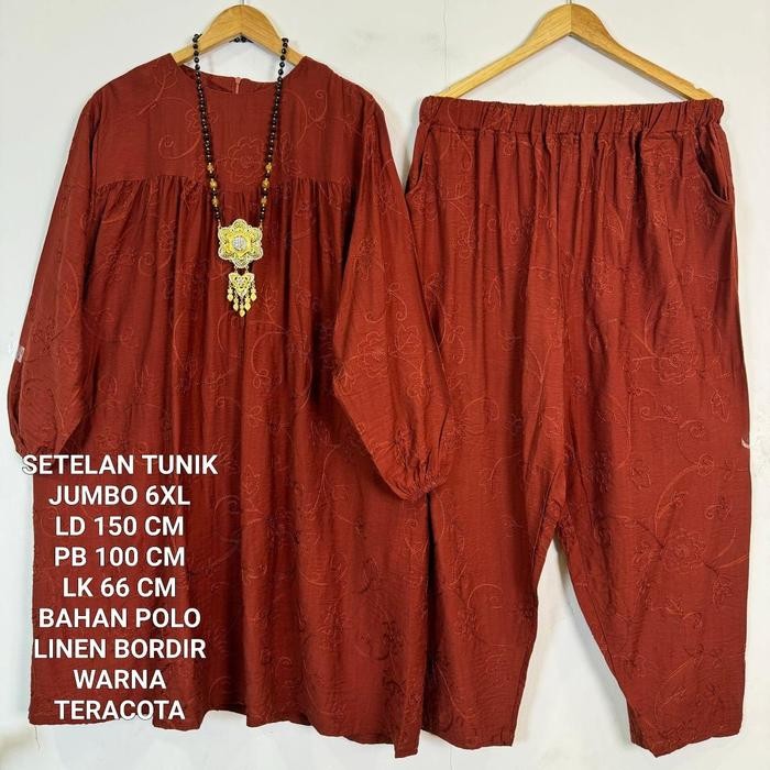 REDI STOK KAKAK SIAP KIRIM Setelan Tunik Super Jumbo Ld 150 Cm Bahan Polo Linen Bordir Koleksi