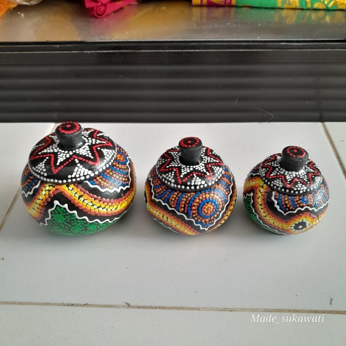 >>>>>] 1 Set Wadah tempat permen mini lukis tutul motif buah kayu Bali isi 3pcs
